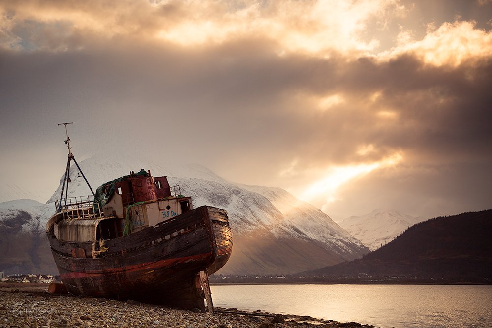 Stranded Trawler on Loch Linnhe, Corpach. Ben Nevis in the background.